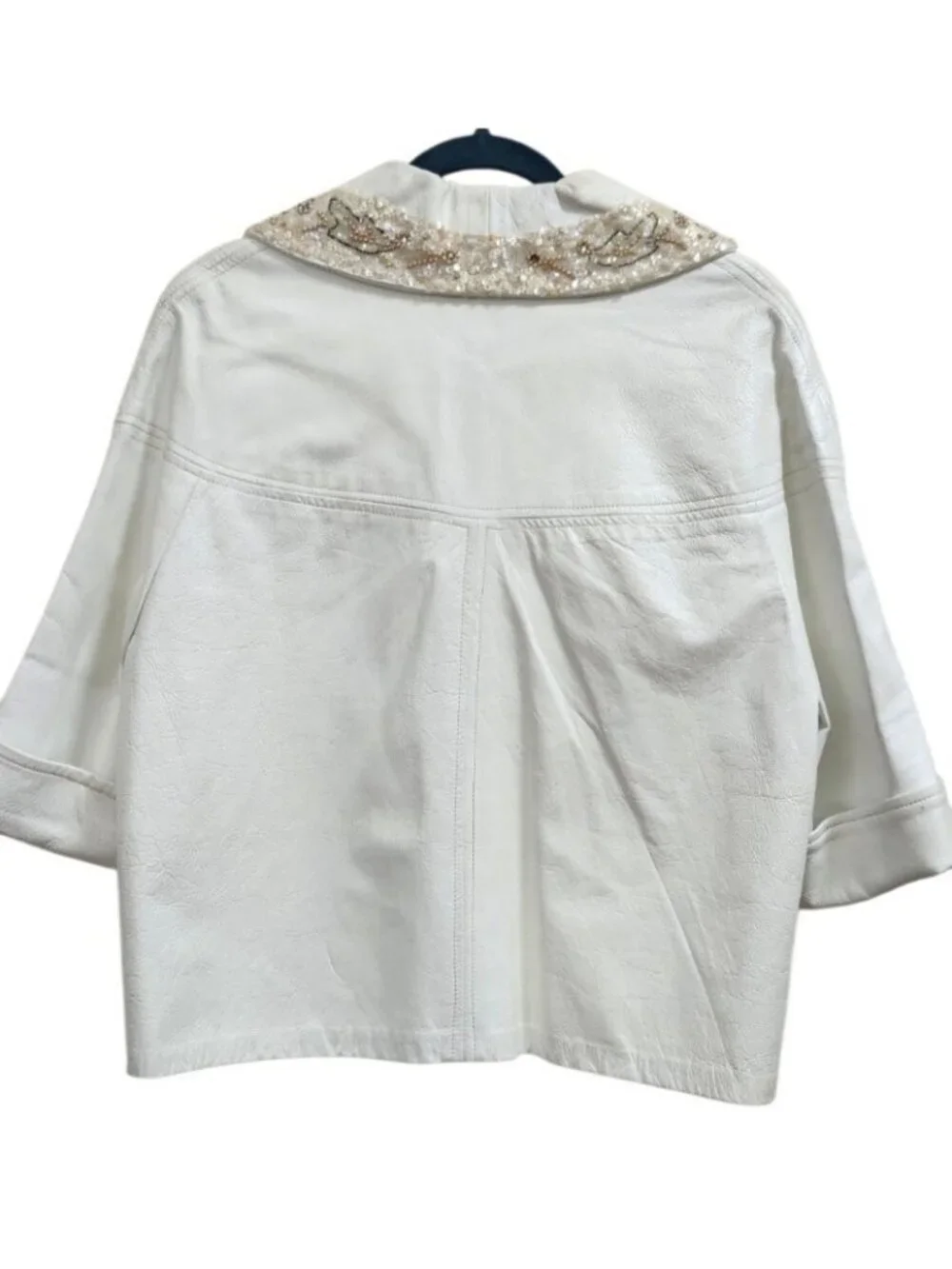 Vintage White Genuine Leather Beaded Sequin Jacket Women Cropped Open Front Boho